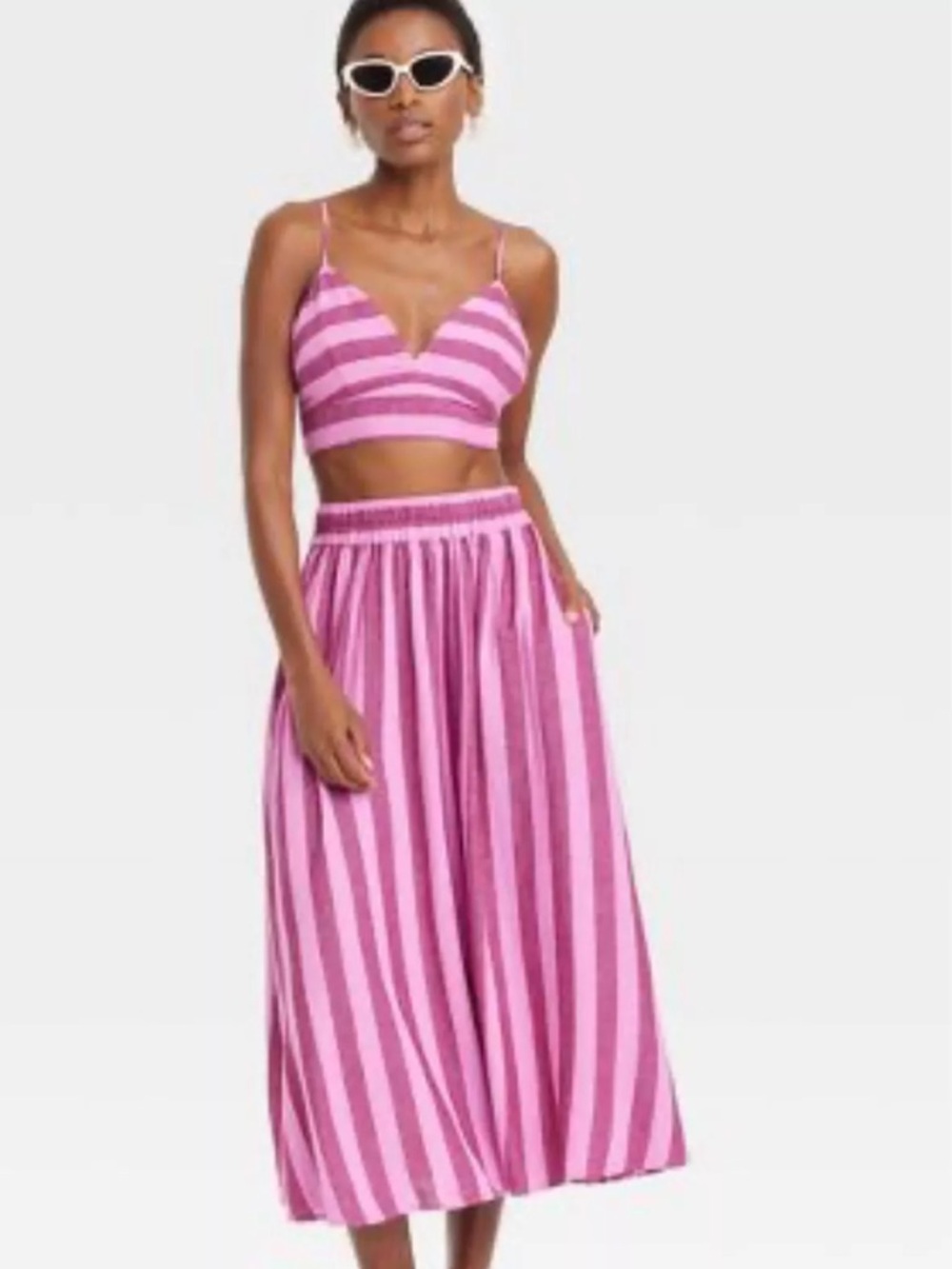 Beach Bungalow Linen Bralette Tank Top And Skirt Set, Pink Purple Striped, XS